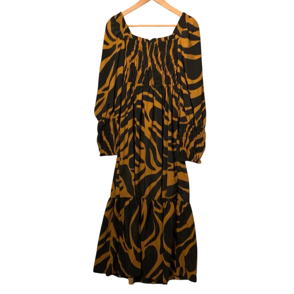 TOPSHOP Shirred Long Sleeve Maxi Dress In Black Brown Multi - Picture 4 of 14